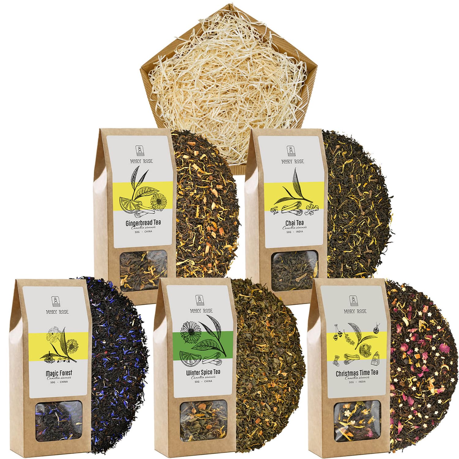 Confezione regalo con tè Mary Rose | Tè invernale riscaldante | Tè nero, tè verde, assam, yunnan | Chiodi di garofano, zenzero, cannella, cardamomo | 5x50g