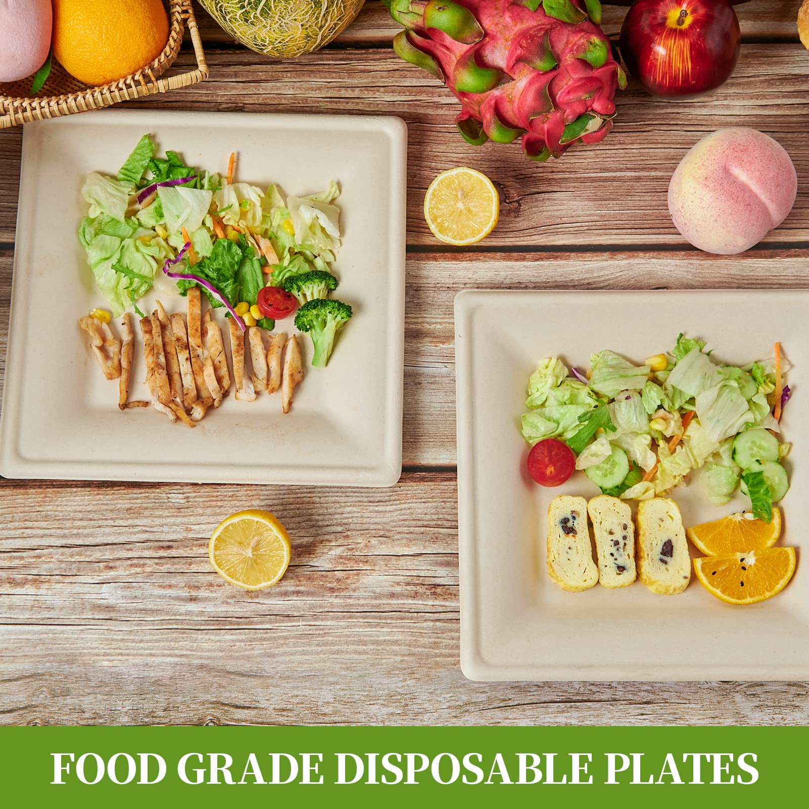 ECOLipak 100 Pack Compostable Square Plates, 10 inch Disposable Paper Plates, Eco-friendly Heavy Duty Biodegradable Sugarcane Plates