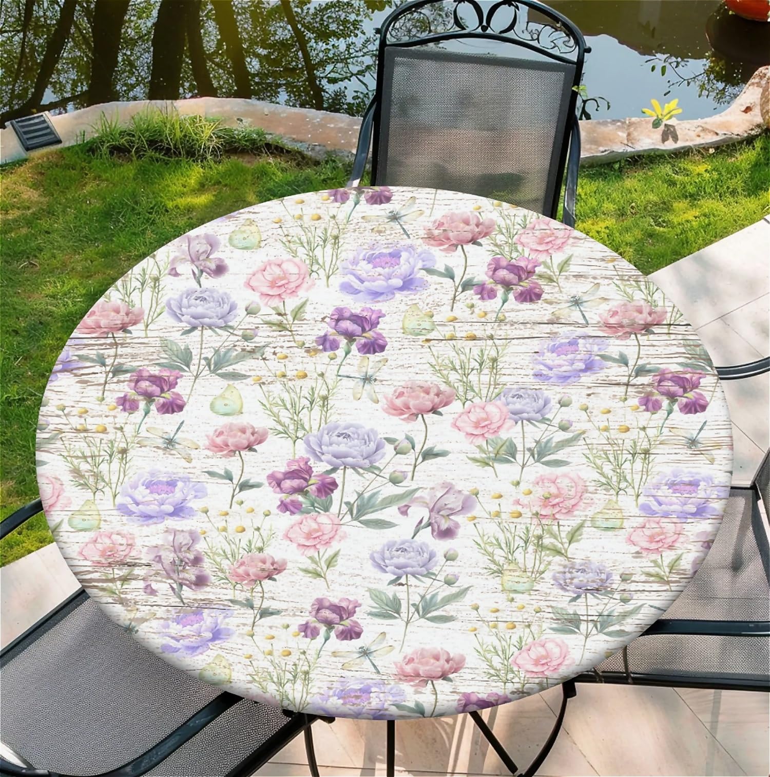 artslion Round Tablecloth Φ120cm/48in Wipe Clean Table Cloths with Elastic, Water-repellent Durable Scratch Resistant Table Cover Protector for Dining room, Balcony, Garden-Pastel Wildflower Garden