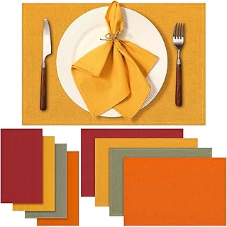 Meanplan 8 Pcs Fall Napkins and Placemats Set Thanksgiving Cloth Napkins 17''x17'' Cotton Rural Cloth Rustic Dinner Table Set for Autumn Dinner Halloween Harvest Party Supply(Rustic)