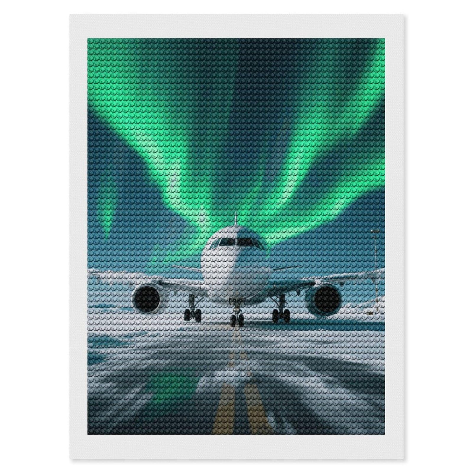 FodPand Airplane Under The Polar Night Sky 5D Diamond Painting Kits for Adults Beginners Full Drill Round Diamond Dots Pictures Gem Art Supplies for Home Wall Room Decoration DIY Craft Set Gift 12x16