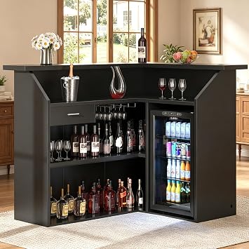 L-Shaped Home Bar Unit with Fridge Space & Power Outlet, 4-Tier Bar Table