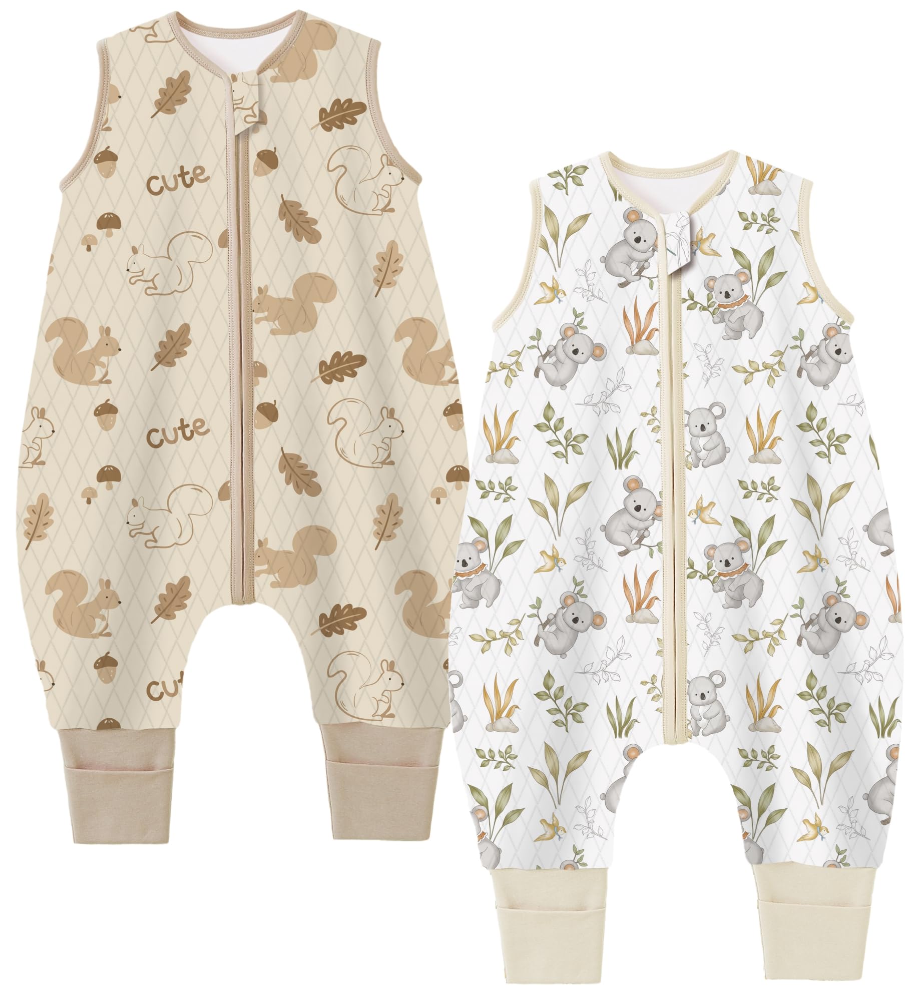 Chilsuessy Sacco nanna per tutto l'anno, con piedi, 1,5 Tog, confezione da 2 pezzi, sacco nanna con gambe in cotone, 1,5 Tog, scoiattolo + koala, 90 cm, altezza del bambino 100-110 cm