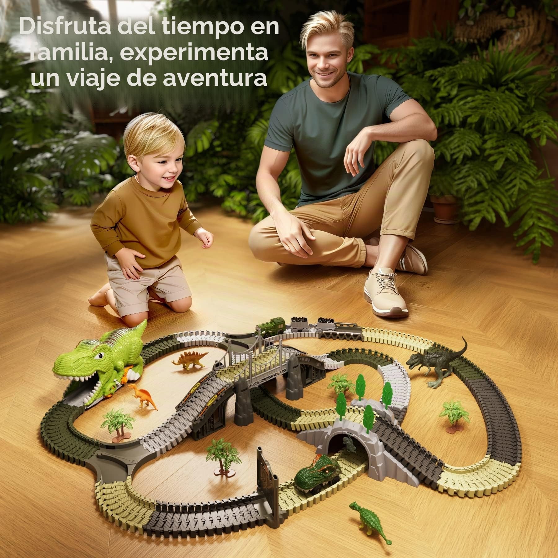 Dinosaurio Juguetes Pista de Carreras,281 Piezas Tren de Dinosaurios Juguetes para Niños de 3 4 5 6 años,Vías de Tren Flexibles con 4 Dinosaurios,2 Coches de Carreras Eléctricos con Luces