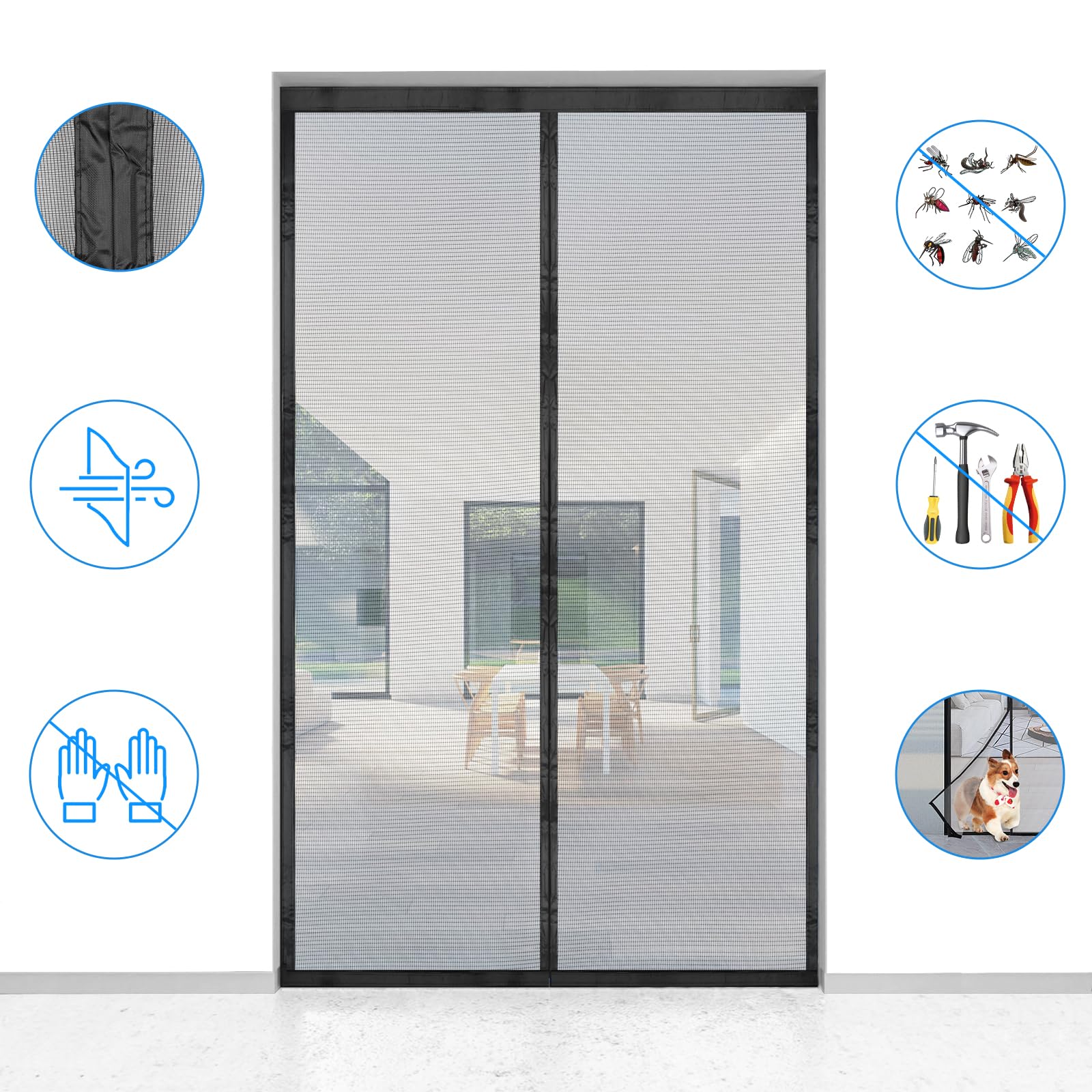 Zanzariera Magnetica per Porte, 140 x 240 CM - Nero Rete Fine, Tenda Totalmente Magnetiche,si Chiude da Sola, Zanzariera Porta Finestra Larghezza Superiore Aumentare a 3,8 CM