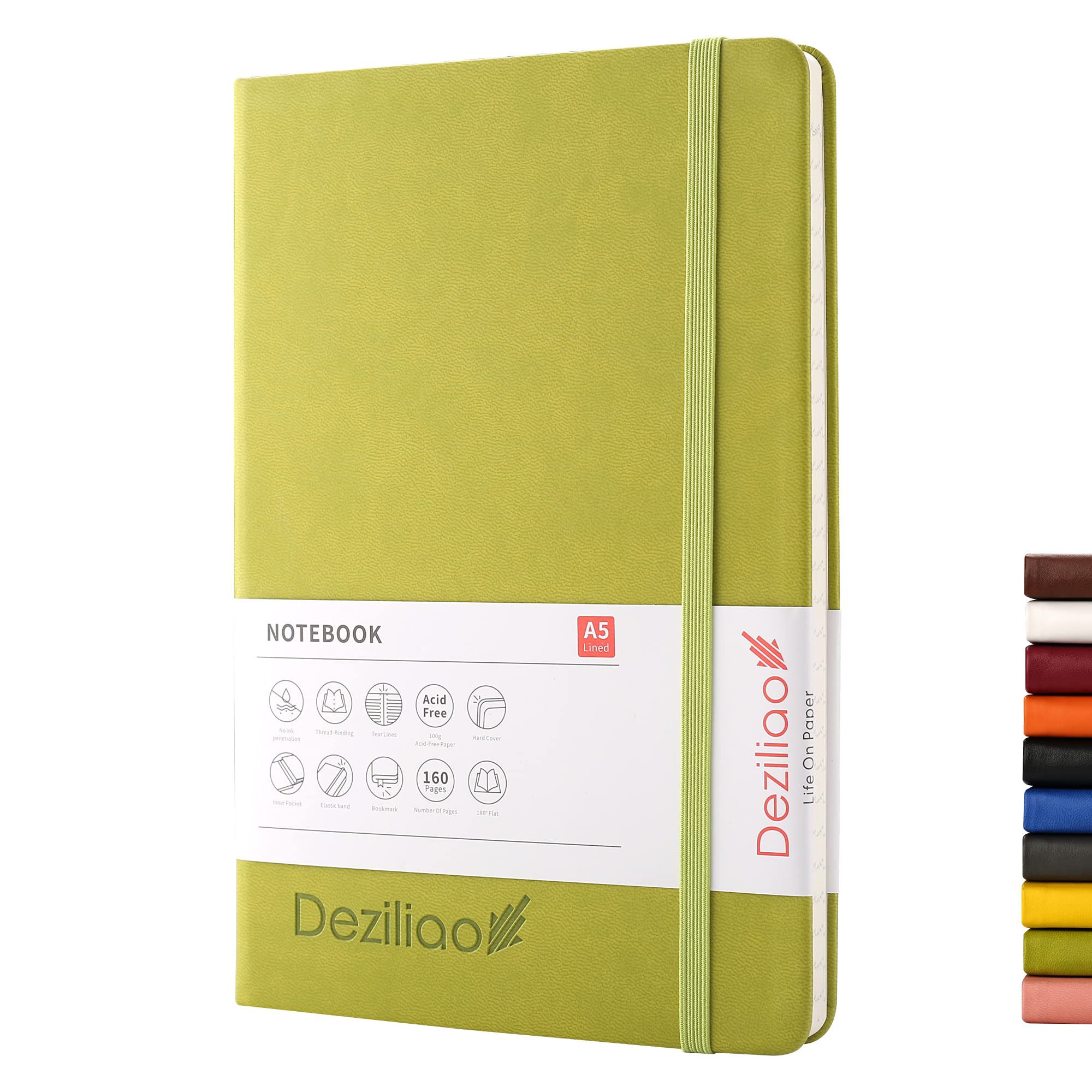 Photo 1 of Deziliao Hardcover Notebook Journal 160 Pages, Lined Journal Notebooks for Work, 100Gsm Premium Thick Paper with Pocket, Medium 5.7"x8.4" ?Green, Ruled? 1 Pack Green