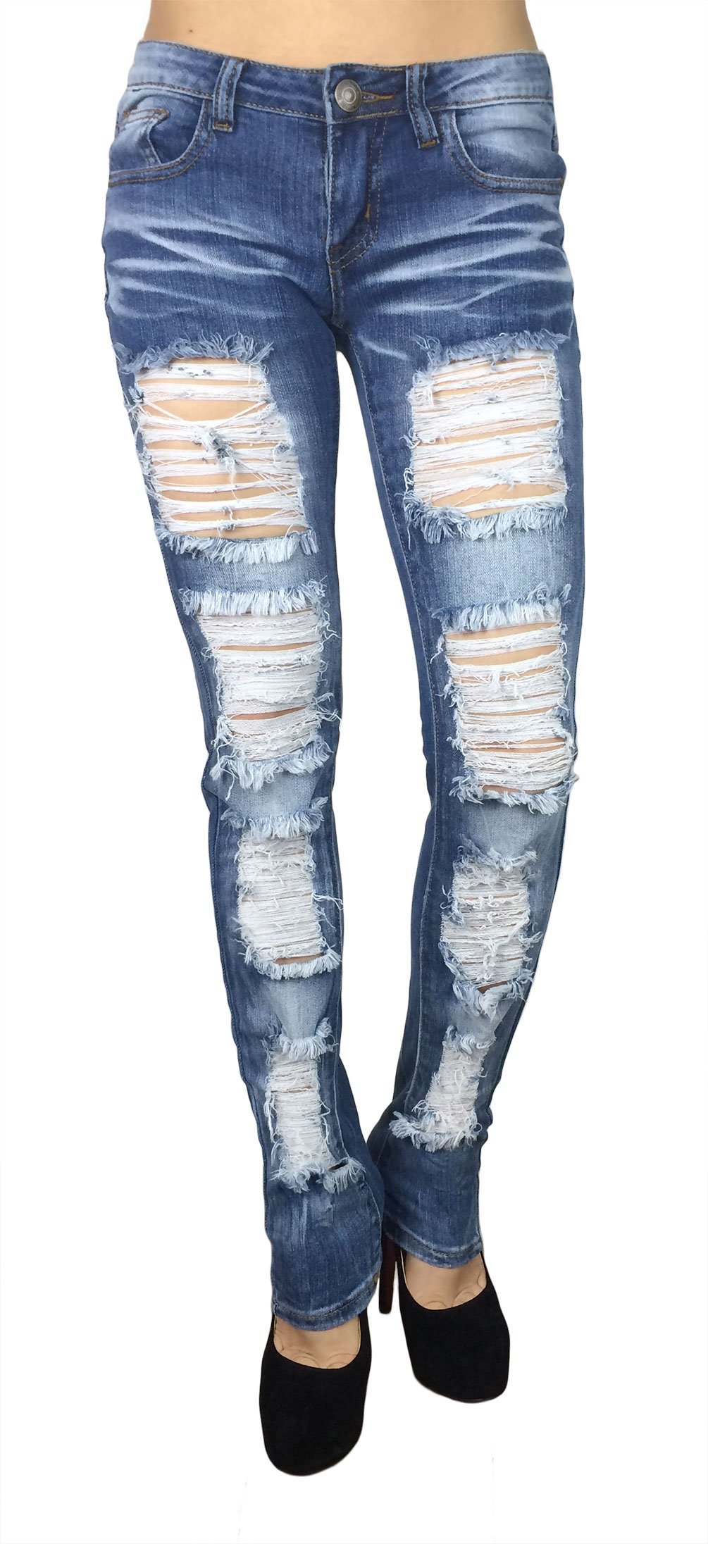 Machine Jeans Women's Super Distressed Destroyed Ripped Skinny Slim Fit Pencil Leg