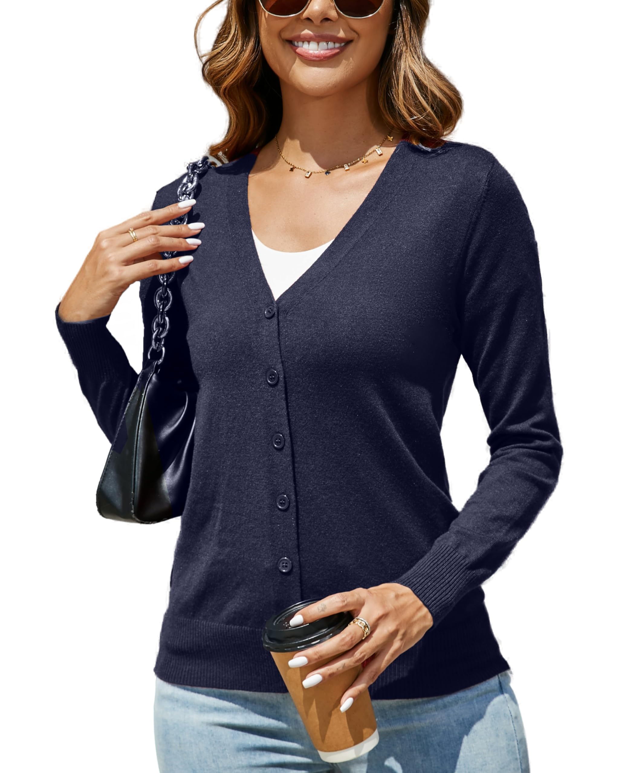 Damen Strickjacke Langarm V Ausschnitt Lang Cardigan mit Knöpfen Weiche Leichte Feinstrick Jacke für Herbst