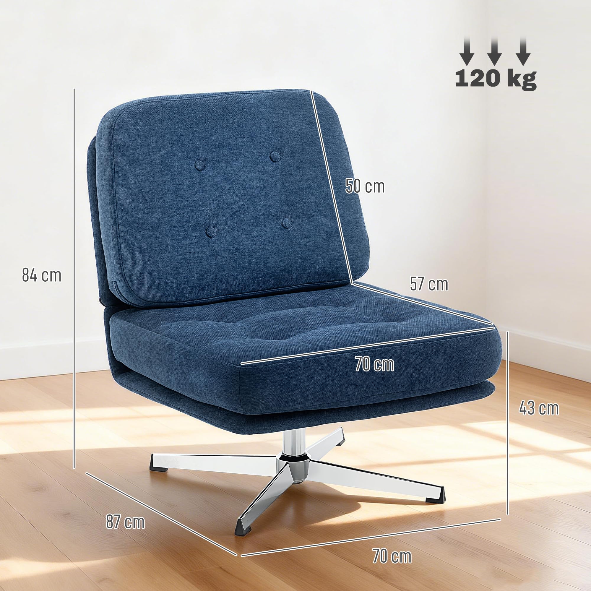 HOMCOM Fauteuil Salon sans accoudoirs, Chaise pivotante en Tissu Chenille, Assise rembourrée et Large, Pieds croisés en métal sans roulettes, Fauteuil Relax pour Chambre et Salon, Bleu foncé