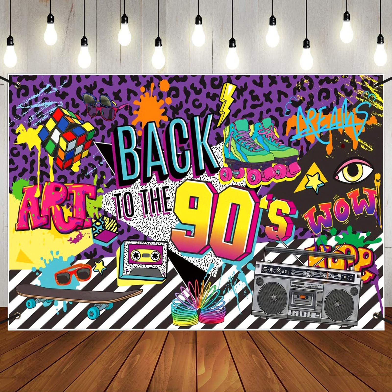 Xerteam 90's Party Decorations, Back To The 90's Backdrop Banner with Hanging Rope, 150x90cm Retro Hip Hop Graffiti Rock Punk Music Dance Wall Photography Background Birthday Party Supplies