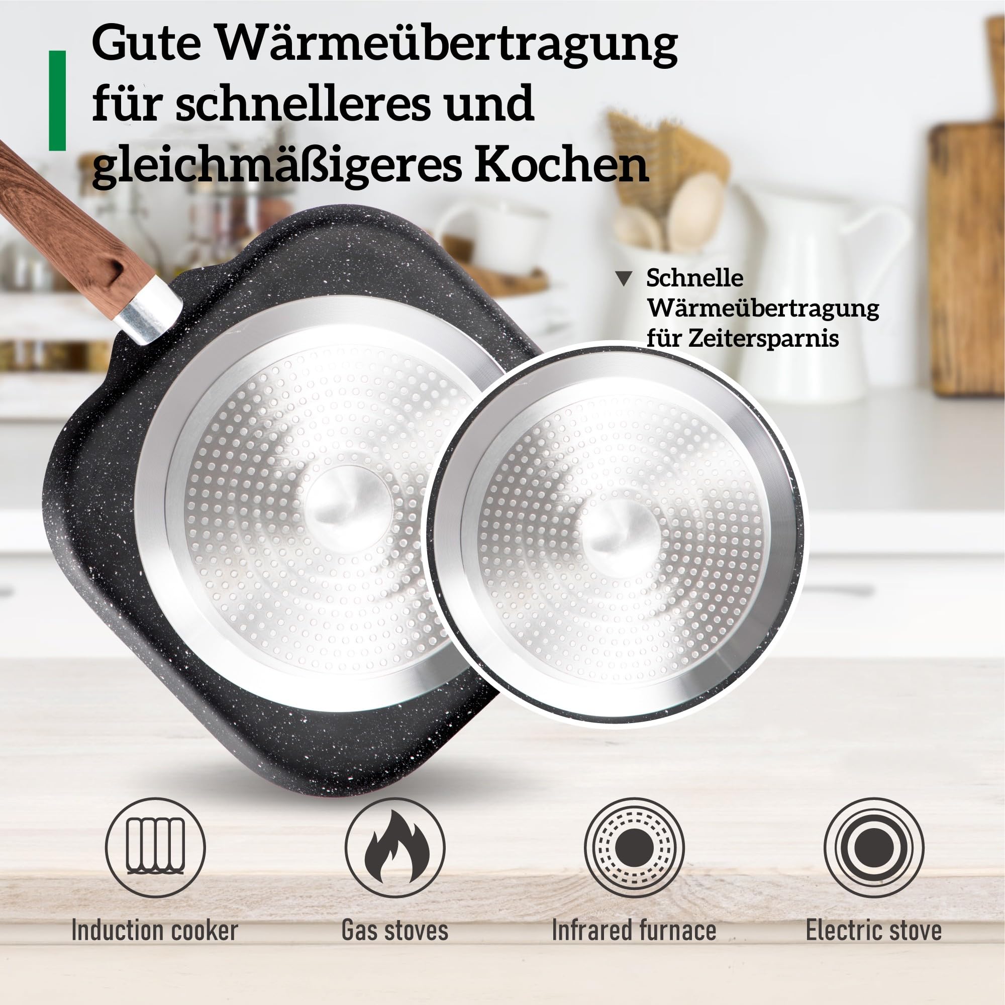 Kitchen Academy - Set di pentole a induzione, 17 pezzi, con coperchi in vetro e rivestimento in granito, con padelle e pentole (nero, 17 pezzi)