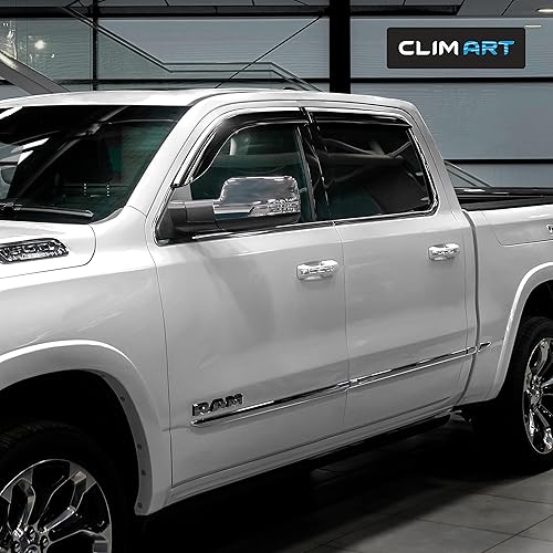 Miniatura 5 de CLIM ART Protectores de lluvia increíblemente duraderos con ribete cromado para Dodge Ram 1500 2019-2024 Crew Cab, deflectores de ventana con cinta