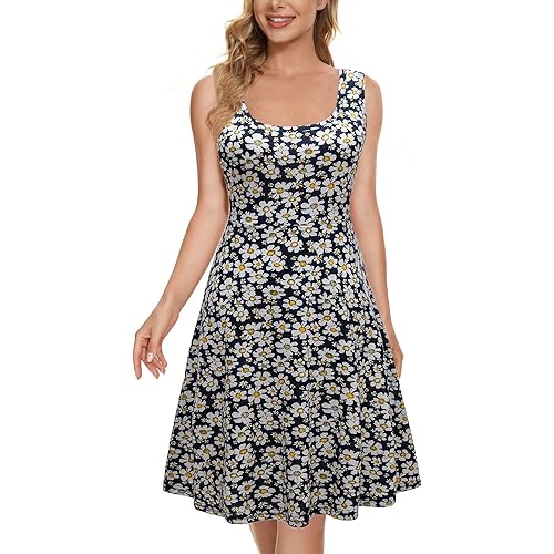 Herou Women's Summer Casual Scoop Neck Sleeveless Floral A-Line Sun Dresses