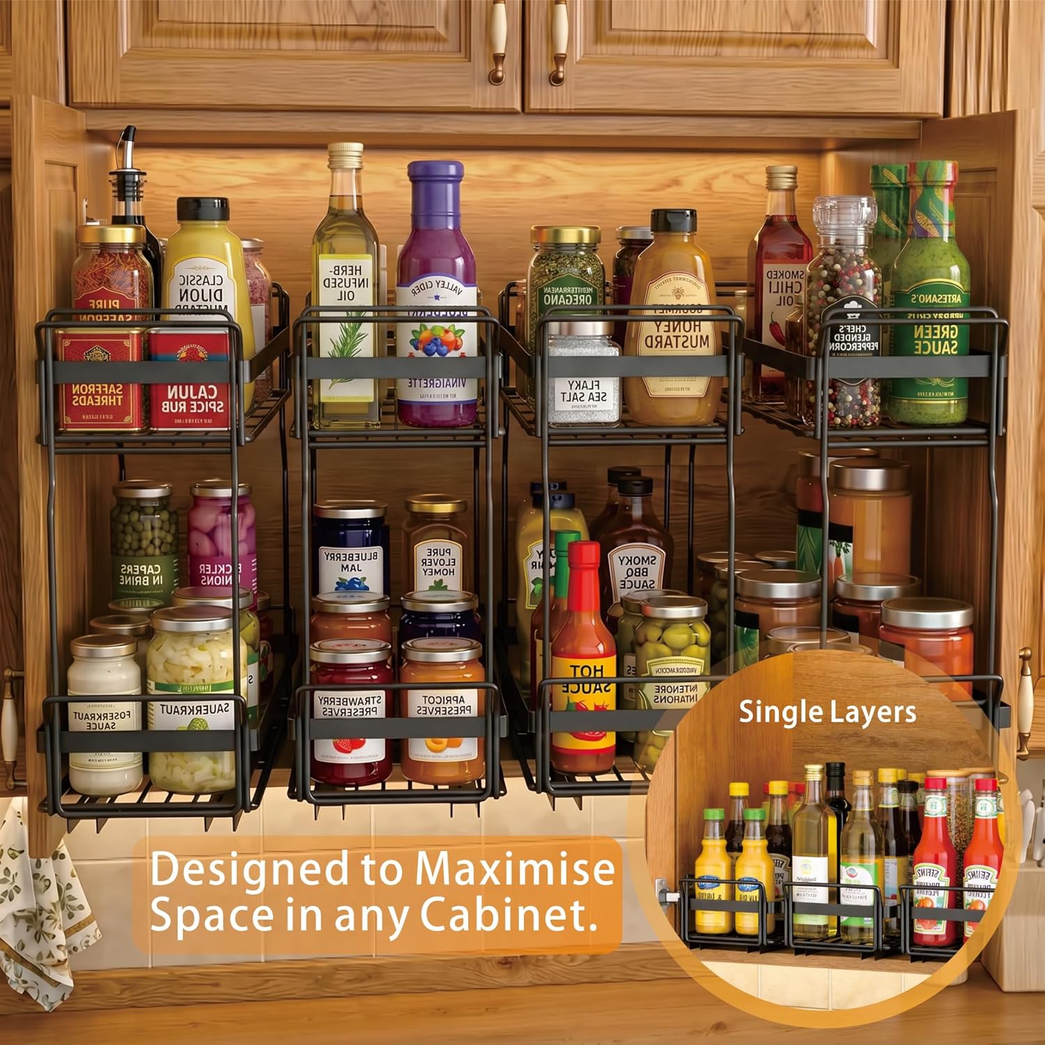 2 Pack Pull Out Spice Rack Organizer for Inside Kitchen Cabinets, Heavy Duty Slide Out Seasoning Kitchen Organizer, 2 Tier Vertical Sliding Seasoning Organizer, 10.5" D x 5.1" W x 9.6" H