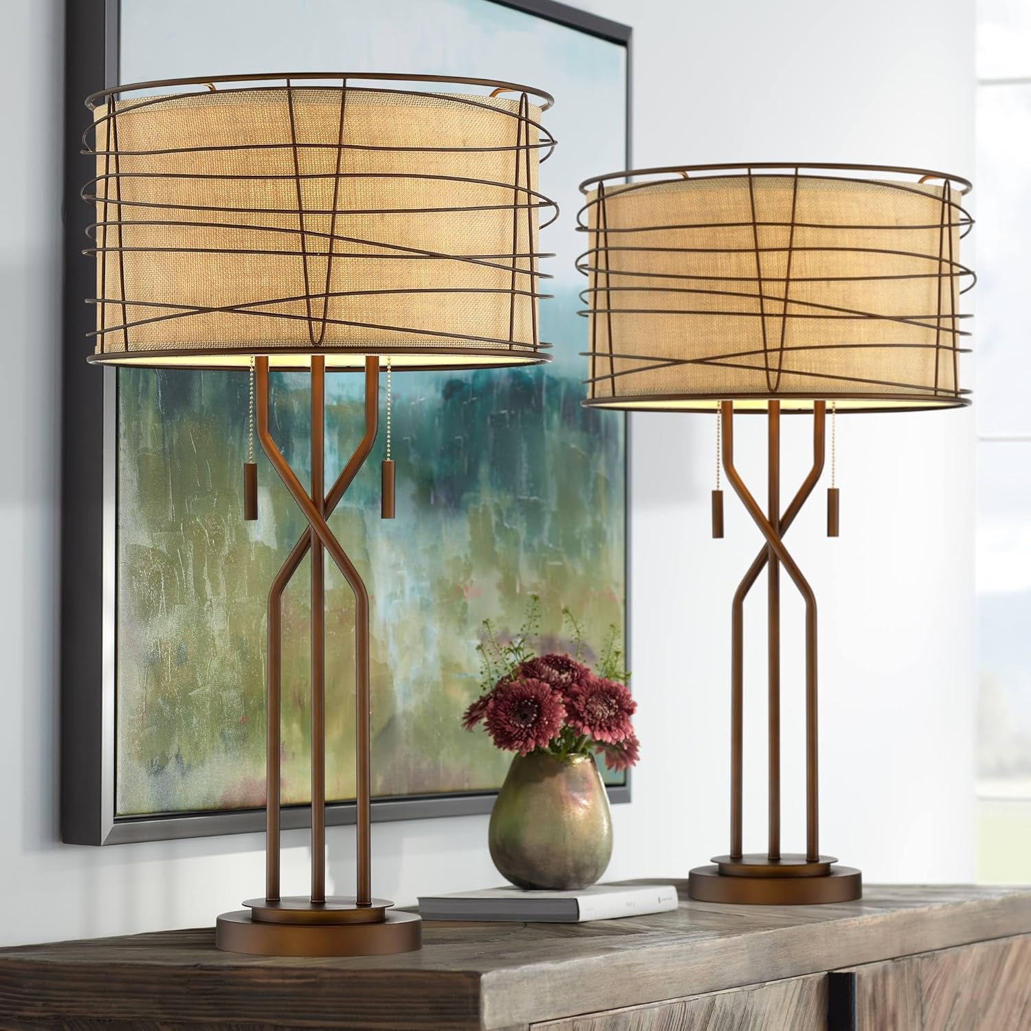 Franklin Iron Works Marlowe 28 3/4" Tall Farmhouse Rustic Modern Industrial End Table Lamps Set of 2 Pull Chain Bronze Brown Metal Living Room Bedroom Bedside Nightstand House Office Woven Shade