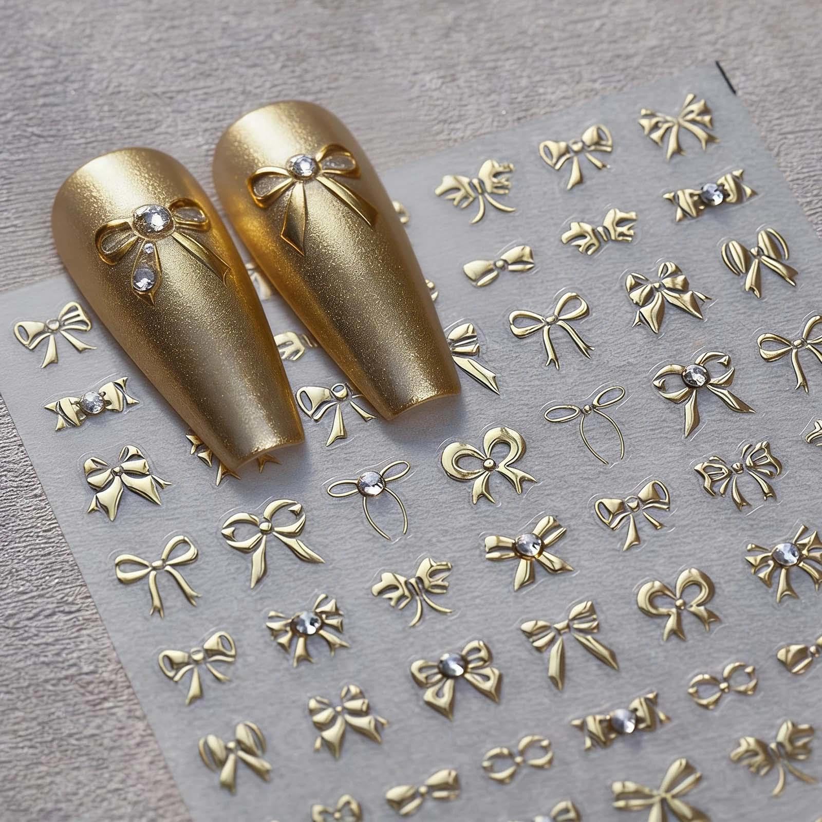 3D Embossed Gold Bow Nail Art Stickers, Self-Adhesive 5D Nail Supplies Decals, 1 Sheet for Art Design Decoration Accessories