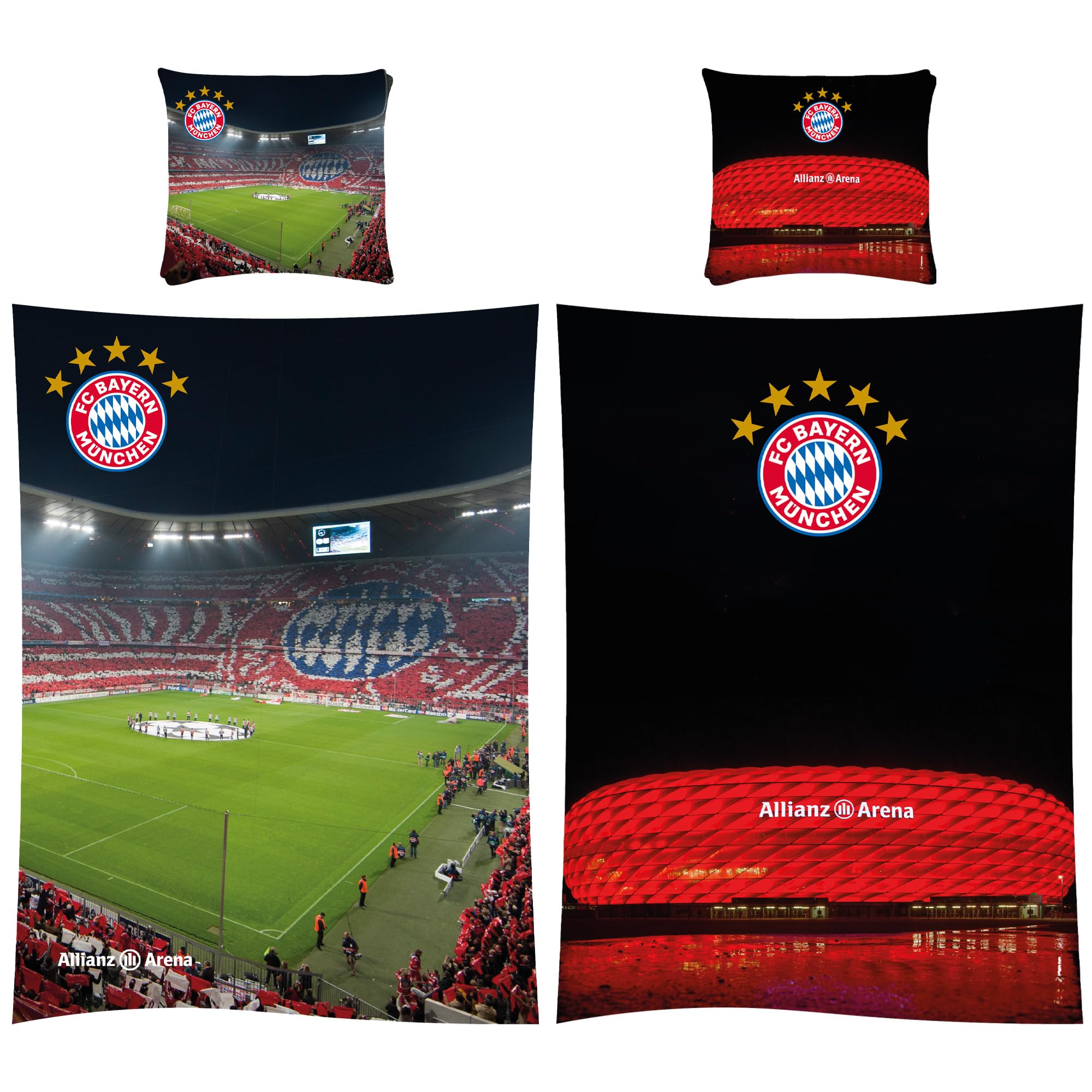 FC Bayern München Reversible Bed Linen - Allianz Arena 135 x 200 cm + 80 x 80 cm 100% Cotton Flannelette Football FCB Harry Kane Musiala Record Champion Champions League Winner German Size with Zip