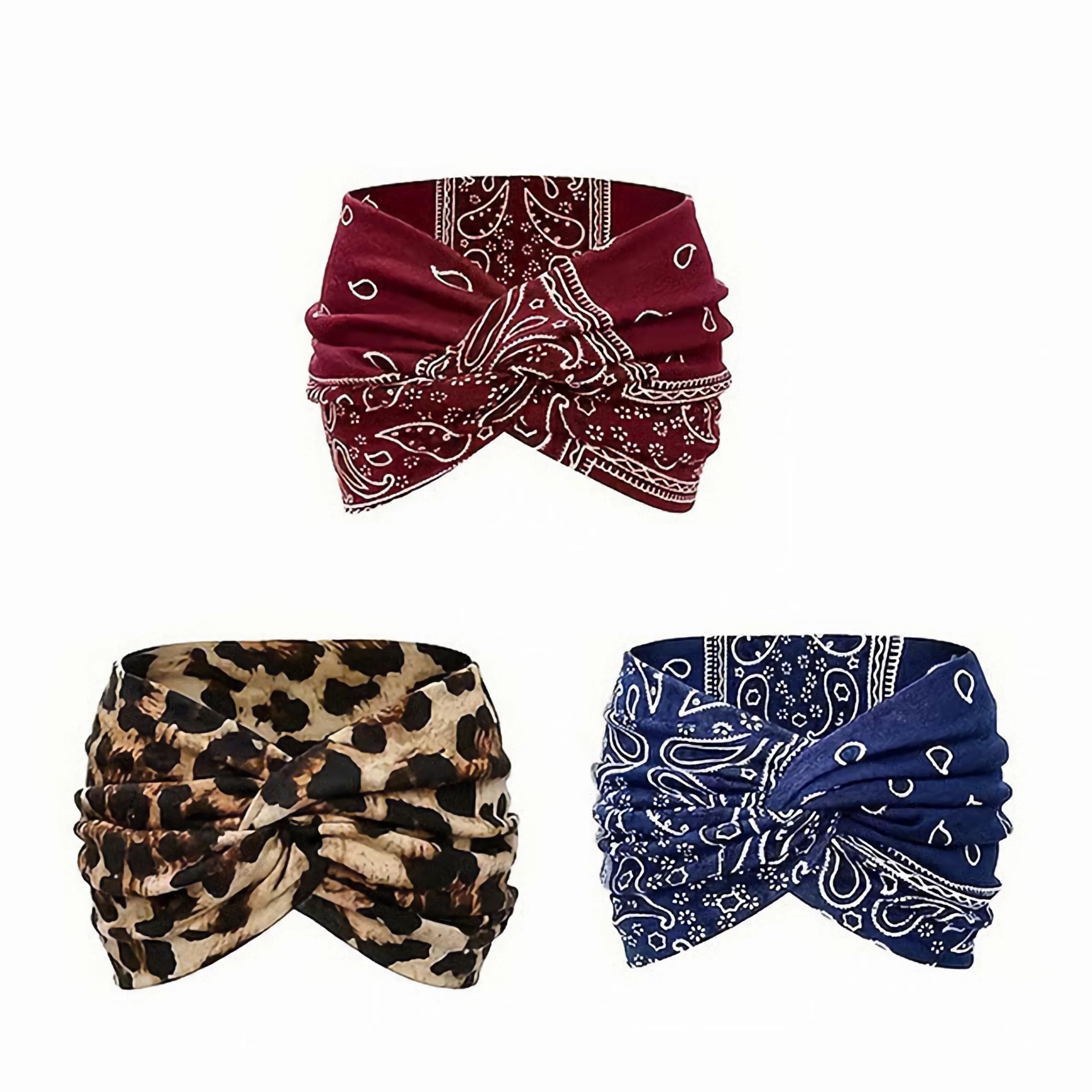 Aurali Acssart Printed Cross Yoga Headband Wide Boho Headbands for Women Non Slip Soft Fabric Workout Hair Accessories for Running Fitness Sports (#2+