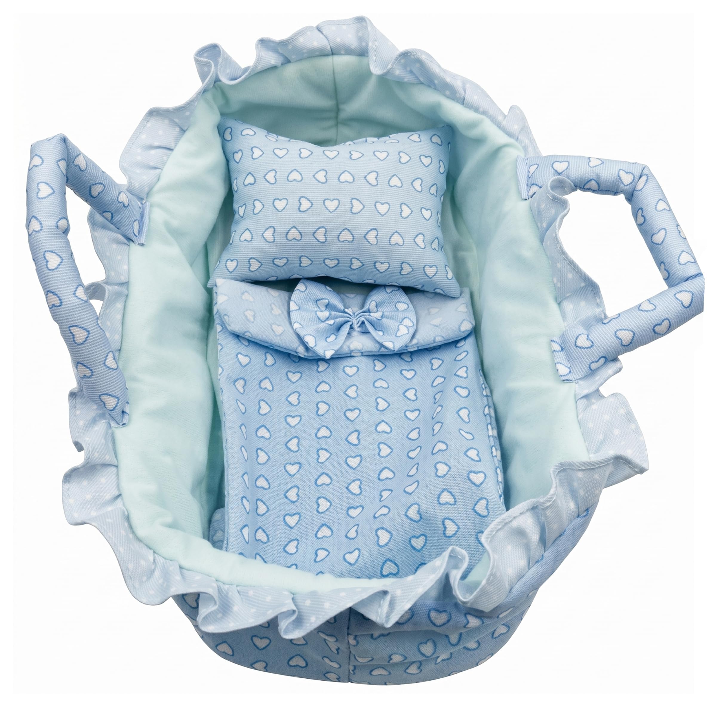 Moisés para muñecas de 30 cm con cuna azul de corazón y accesorios 7