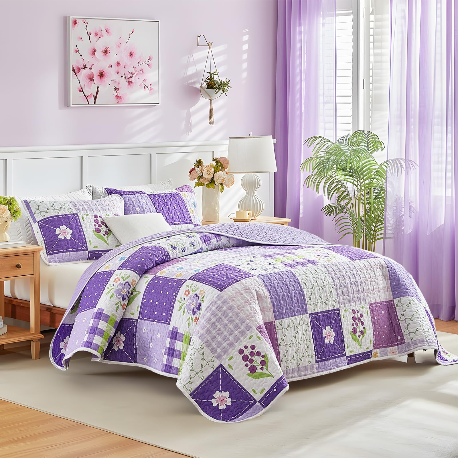 Patchwork Quilt Set Queen Size 3 Pieces Purple White Floral Pink Plaid Reversible American Country Bedspread Coverlet Set for All SeasonSummer Soft Colorful Flowers Botanical Microfiber Bedding Set