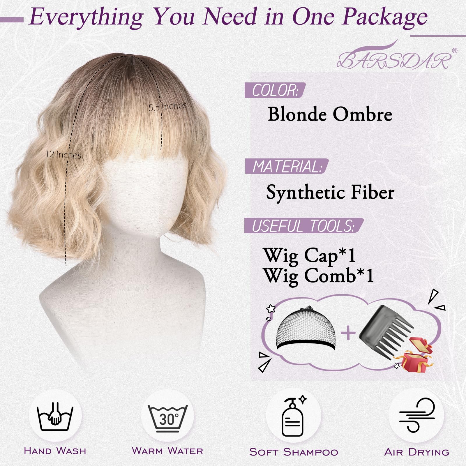 BARSDAR Short Wavy Blonde Ombre Wig with Bangs, Short Blonde Ombre Bob Wigs Dark Roots for Women - Image 2