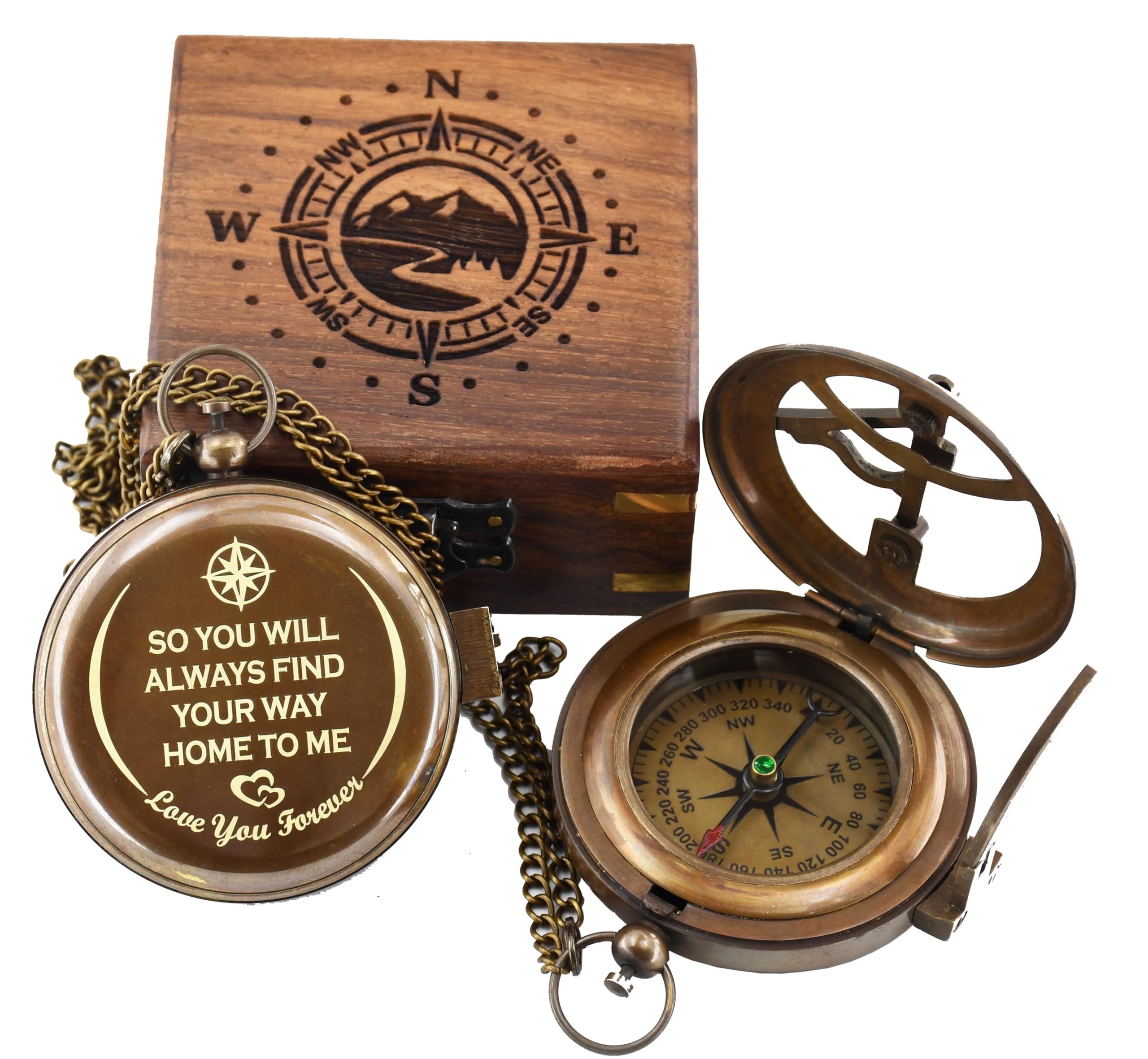 So You Can Always Find Your Way Back to Me - Personalized Sundial Compass with Wooden Box Luxury Gift - Anniversary Sundial Compass - Brass Compass