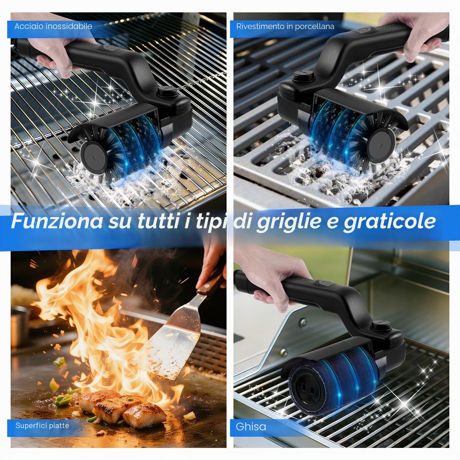 Spazzola Elettrica per Barbecue, Spazzola Ricaricabile per la Pulizia Del Griglia Senza Fili con 3 Velocità e 2 Testine, 180° Regolabile Setole Acciaio Inox Strumento di Pulizia per BBQ Griglia