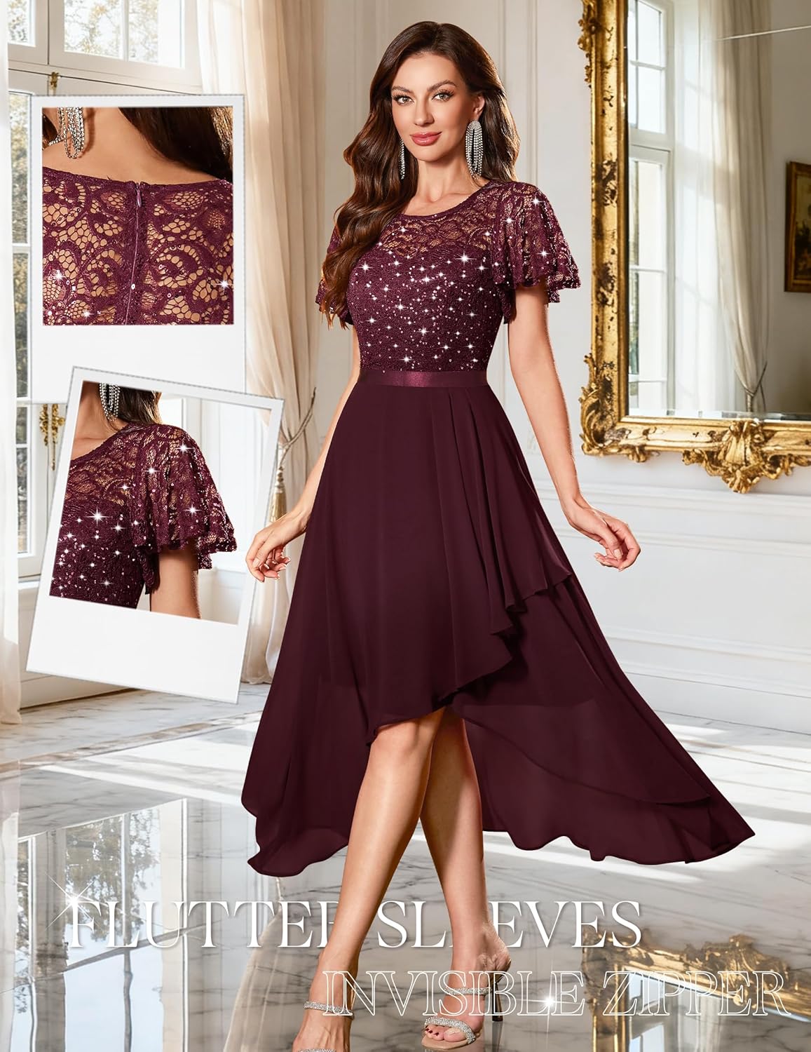 Wedtrend Women's Sparkly Sequin Dress Ruffle Formal Dresses Flutter Sleeve Wedding Guest Dress - Image 2