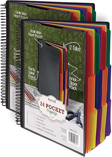 Samsill Paquete de 2 organizadores de proyectos en espiral de 24 bolsillos con 12 divisores, cubierta frontal personalizable, pestañas borrables en