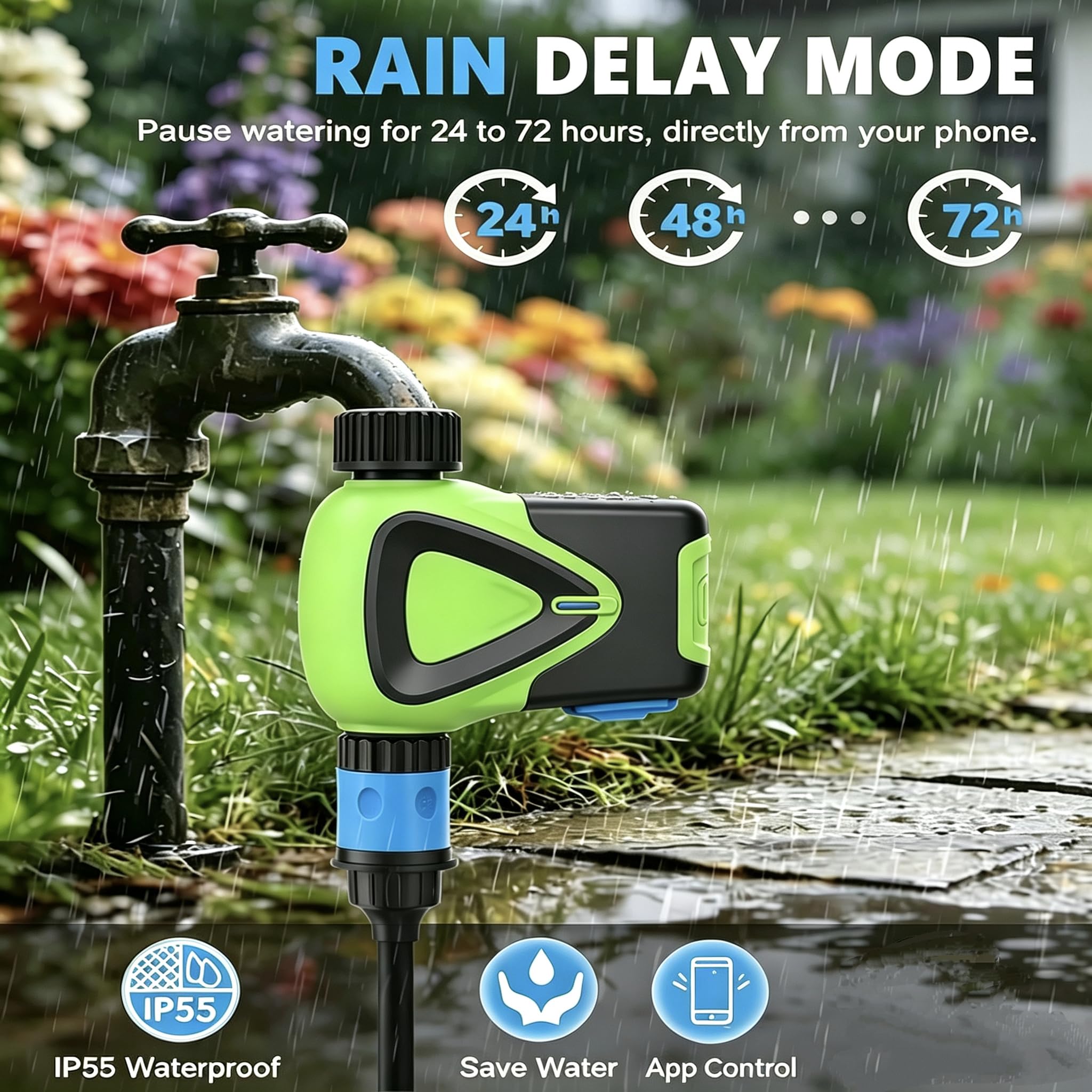 Regolatore di irrigazione per tubo da giardino, timer dell'acqua controllato da app, con ritardo della pioggia, irrigazione automatica e manuale, sistema di irrigazione esterno impermeabile, nero con