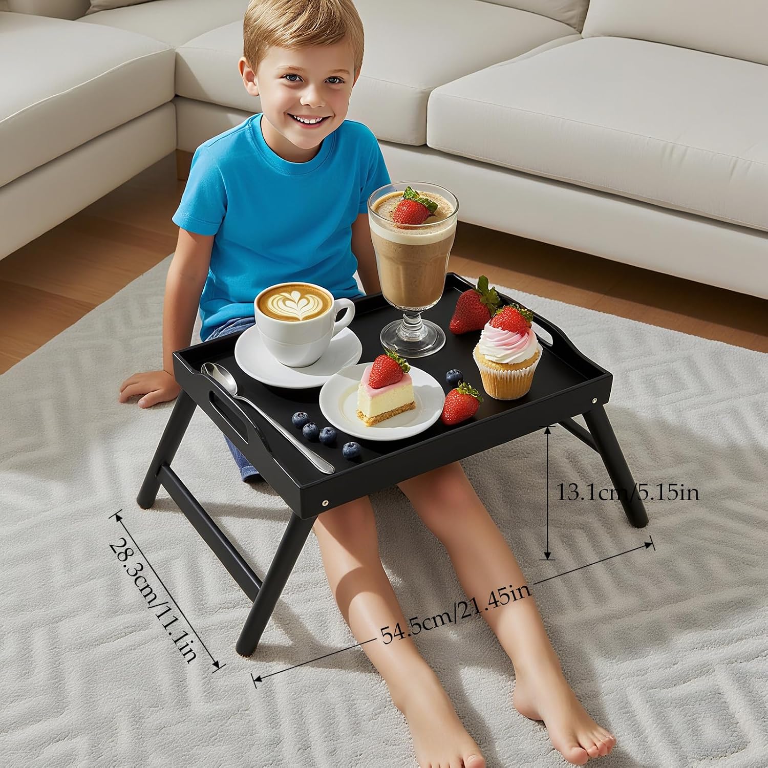 Bamboo Bed Tray Table with Foldable Legs & Handles - Portable Breakfast Table, Serving Eating Working & Laptop Desk for Bed and Sofa - Black