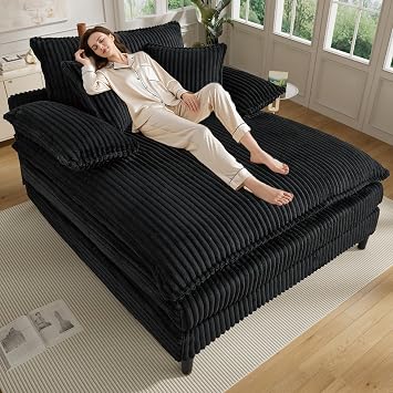 Oversized Chaise Lounge Chair Indoor with Adjustable Backrest, 55"W x 59"D Comfy Corduroy Sleeper Chair Fluffy Plush Upholstered Sofa Bed Reading Cloud Couch Chaise for Living Room, Bedroom, Black