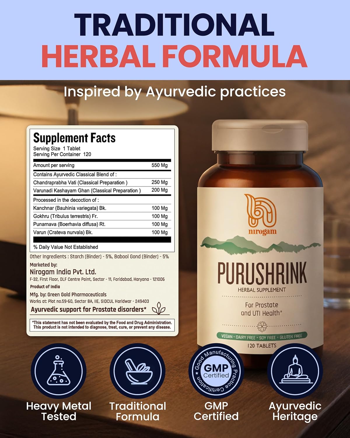 Nirogam Purushrink - BPH Prostate Supplement for Men, Supports Better Sleep & Urinary Health - Natural Ayurvedic Herbal Supplement 120 Tablets - Vegan, Dairy Free, Gluten Free