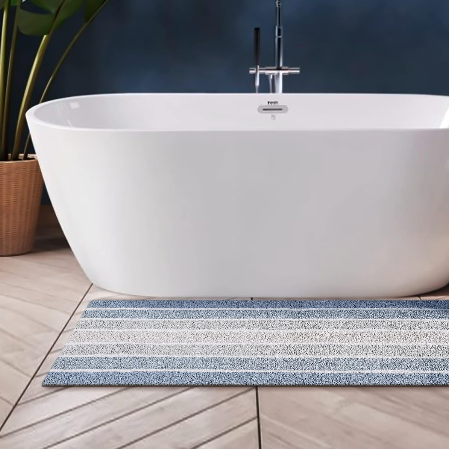 Cotton Alpine Stripe Bathmat Runner Rug 24x60 Inches - Blue, Non Slip Luxury Quick Dry Spa Style Floor Bath Runners Ideal for Bathroom, Toilet, Kitchen | Plush Washable Water Absorbent Mat for Guest