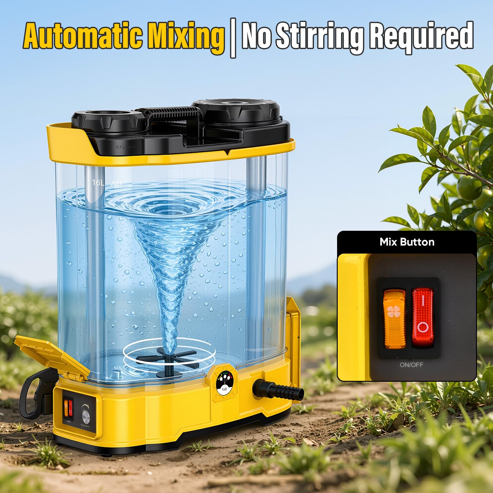 16L Akku Drucksprüher, 120 PSI Gartenspritze, Rückenspritze mit Rührfunktion, 2 x 2000 mAh-Akkus, 5 Düsen & Korrosionsbeständiger, Sprühbalken für Unkraut, Düngung, Pestiziden