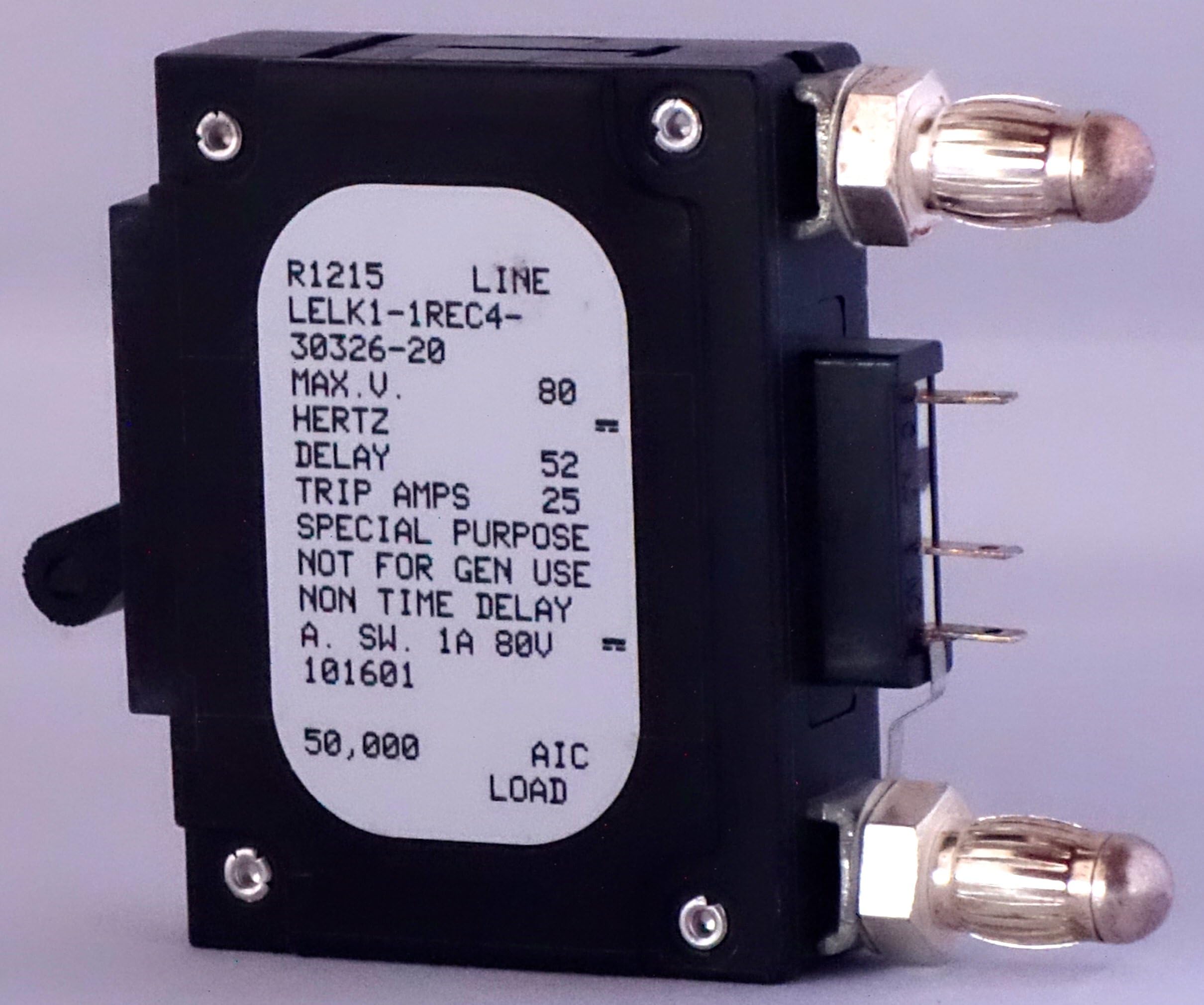 AirpaxLELK1-1REC4-30326-20 20 AMPS, 25 Trip AMPS, 80 VDC, Circuit Breaker, Hydraulic DELAY, LEL Series, Lever Actuator, Magnetic, Non TIME DELAY, Panel Mount, Single Pole, Special Purpose