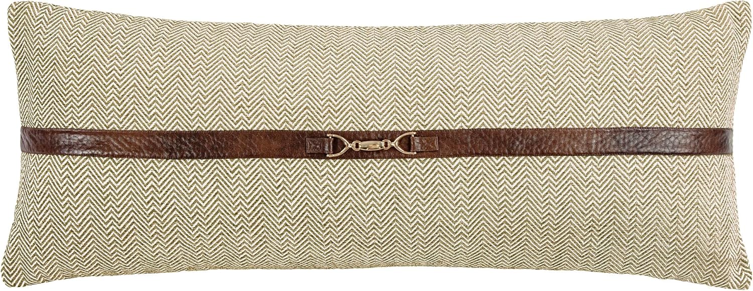 HiEnd Accents Chenille Herringbone Buckle Detailed Lumbar Pillow, 14x36 inch, Sand, Timeless Classic Modern Rustic Woven Tweed Luxury Bedding Pillow Covers