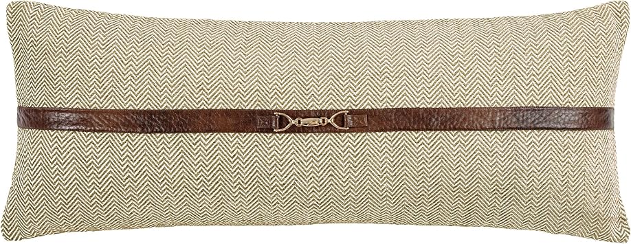 HiEnd Accents Chenille Herringbone Buckle Detailed Lumbar Pillow, 14x36 inch, Sand, Timeless Classic Modern Rustic Woven Tweed Luxury Bedding Pillow Covers