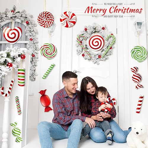 Miniatura 7 de 20 piezas de letreros de Navidad para patio, adornos colgantes de caramelo de menta de Navidad de doble cara, decoraciones de patio grandes de