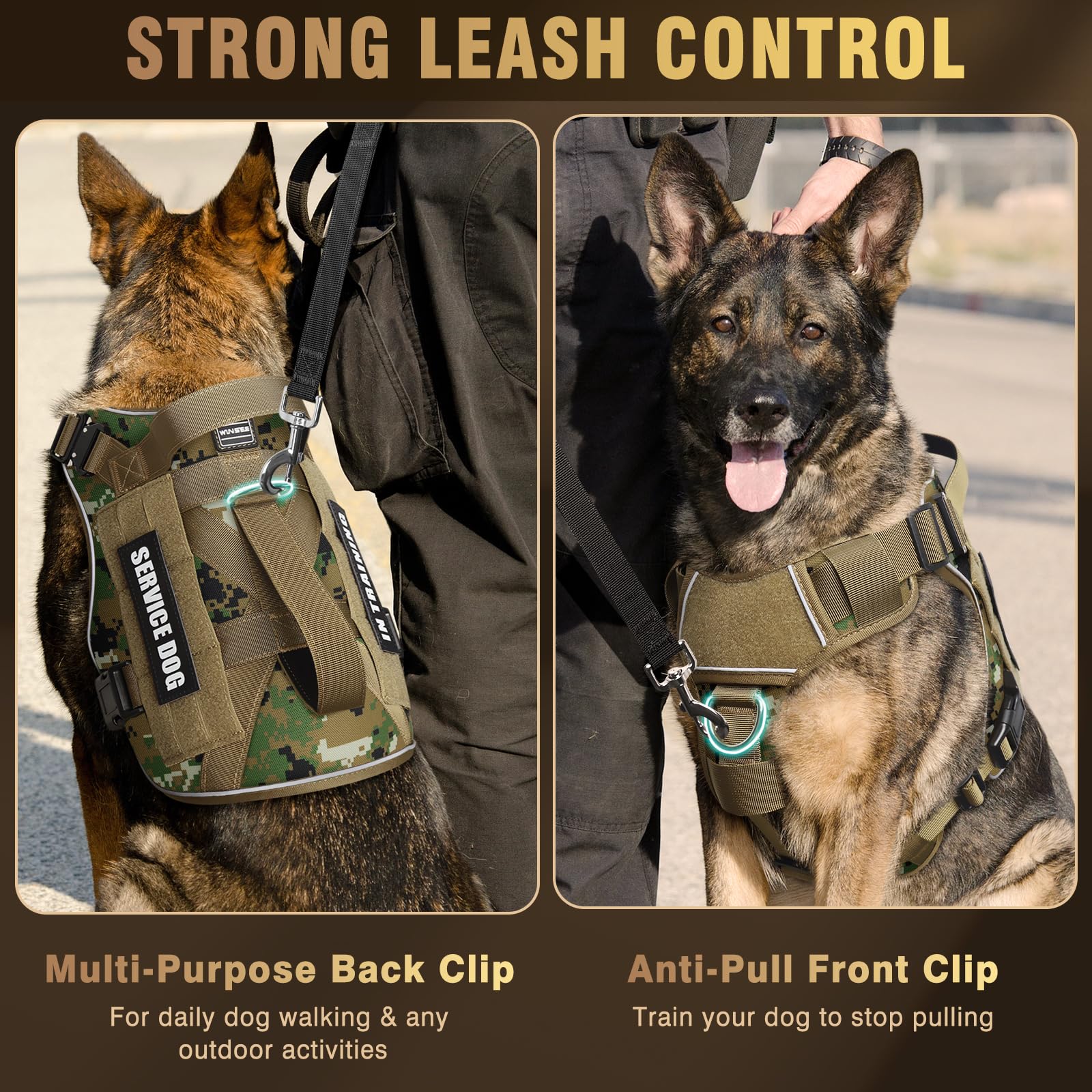 WINSEE Arnés táctico para Perros Grandes, Chaleco MOLLE de Trabajo de Servicio con 10 Parches para Mascotas, 2 Hebillas de Metal, arnés Resistente para Entrenamiento, Caza y Caminata