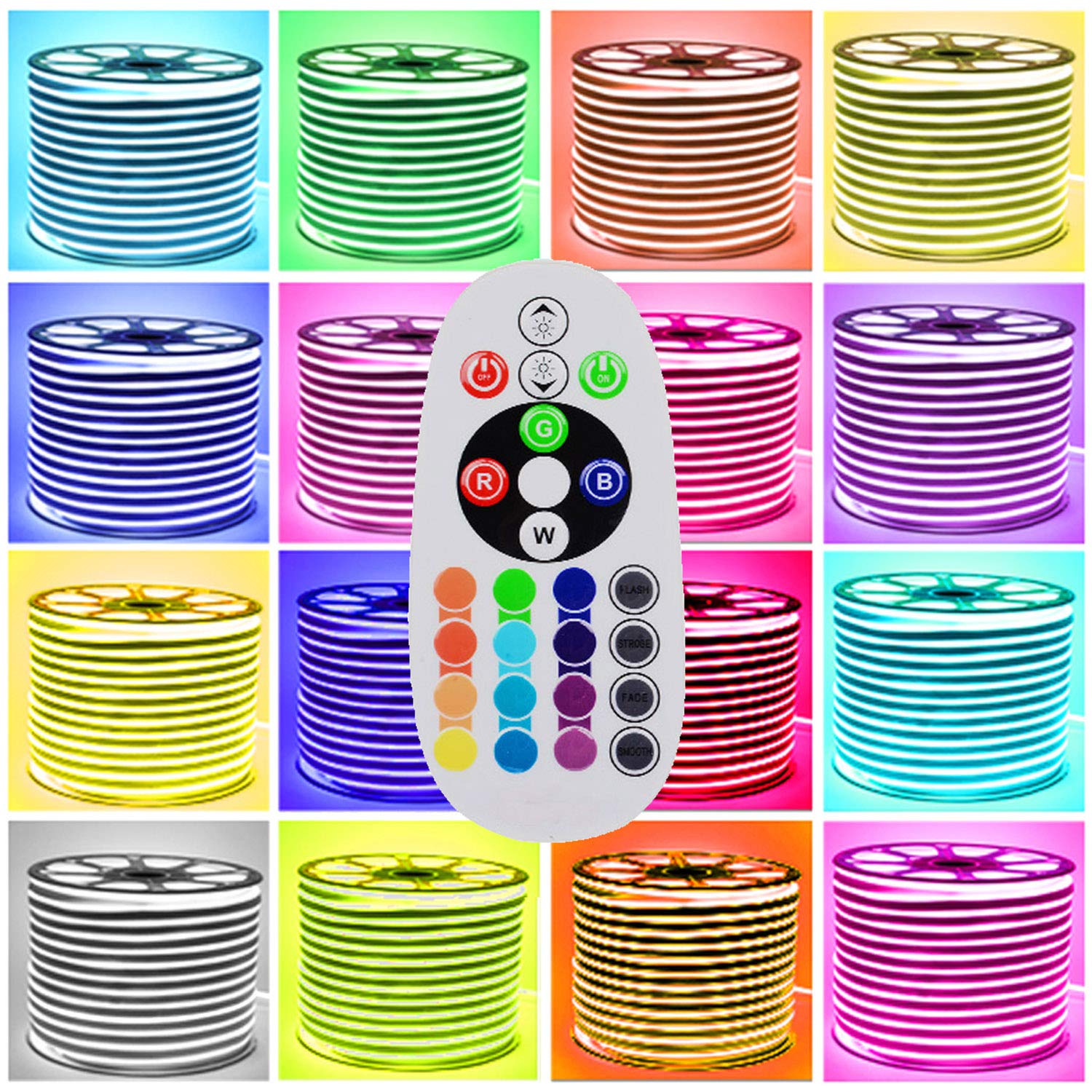 20m Neon Seil Strip, dimmbar RGB Farbwechsel flexibler LED Streifen, 5050 SMD Lichtleiste, 220V LED Band, IP65 wasserdichte Lichtschlauch mit Trafo & 24-Tasten IR Fernbedienung