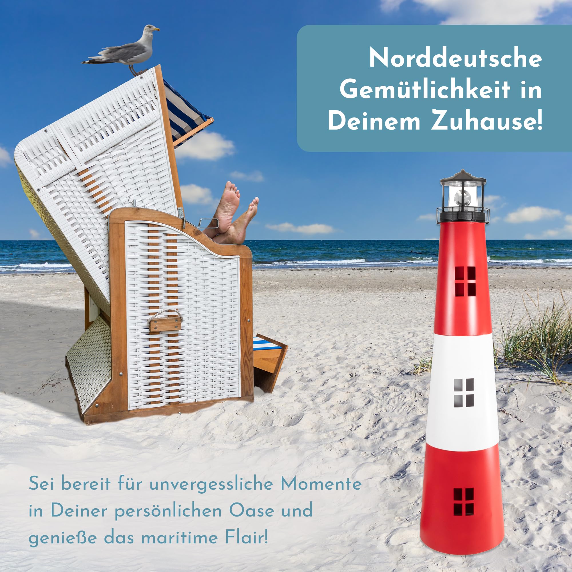 LEMODO Gartendeko Leuchtturm, Dekoleuchte für den Garten mit solarbetriebenem, rotierendem Leuchtfeuer, 120 cm hoch, aus Metall, Maritime Außendeko mit LED-Beleuchtung