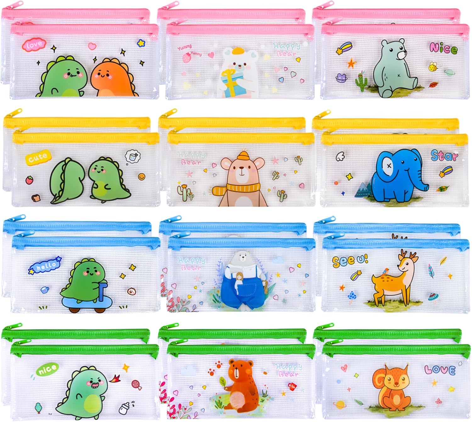 Ulema 24Pcs Back to School Gifts Cartoon Mesh Pencil Pouch Bags Plastic Zipper Pouch and pencil pouch bulk for Classroom Organization School Office Supplies