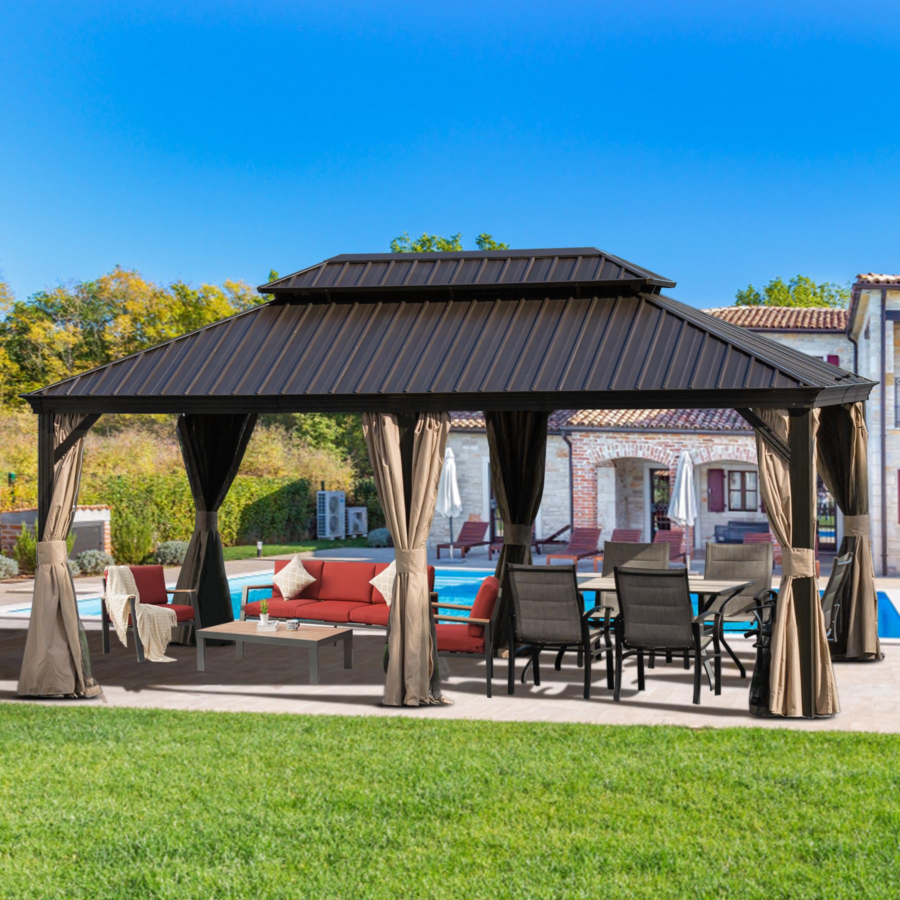 Domi Outdoor Living 12’ X 18’ Hardtop Gazebo, Outdoor Aluminum Frame Canopy with Galvanized Steel Double Roof, Outdoor Permanent Metal Pavilion with