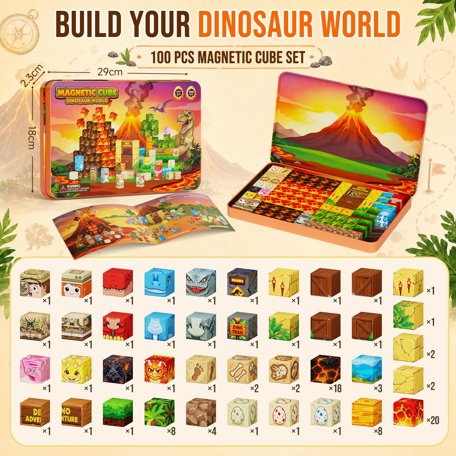 Set di 100 pezzi di blocchi magnetici dinosauri – 90+ minuti di intrattenimento per giochi di gruppo (bambini dai 3 agli 8 anni) – giocattoli da viaggio silenziosi per auto, aereo e ristorante