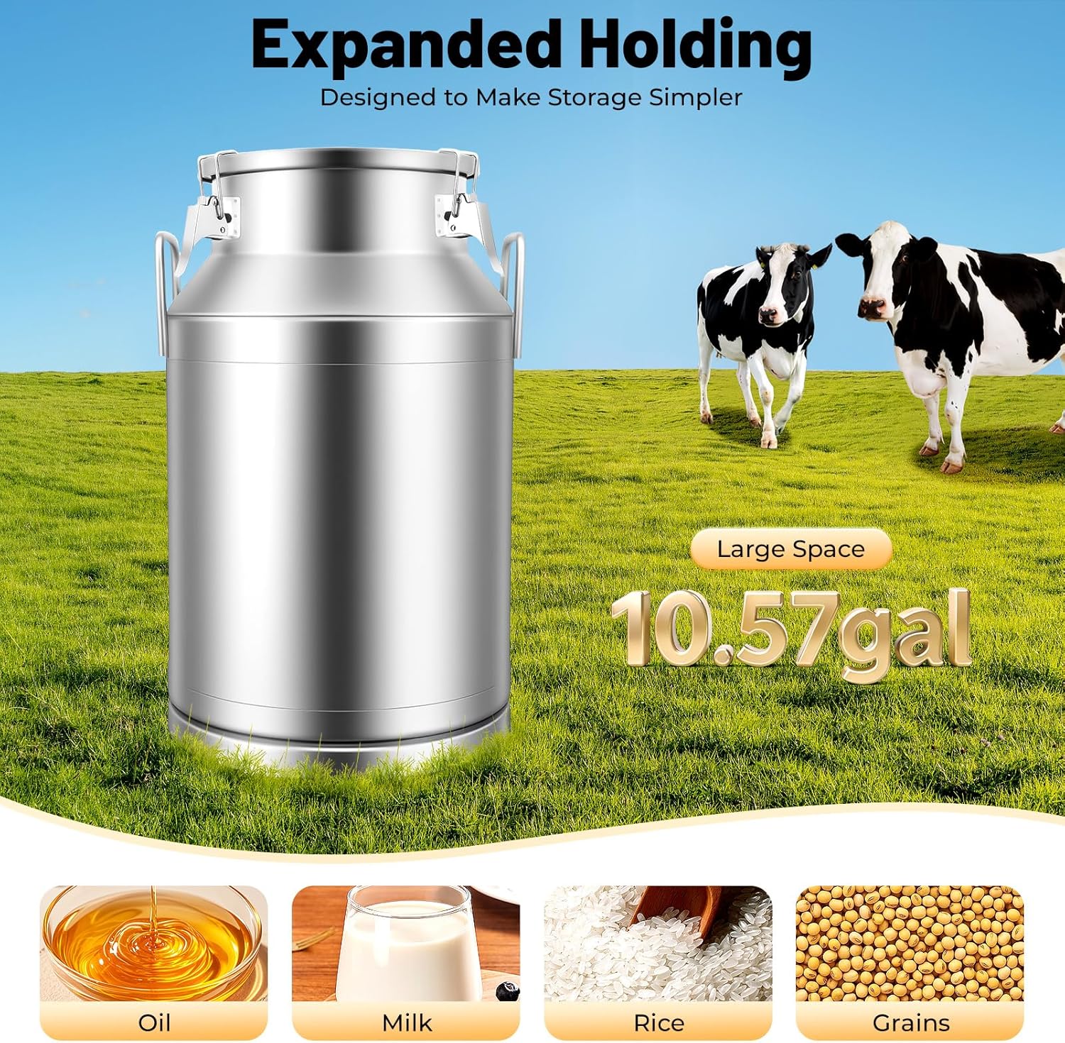 10.57 Gallon Milk Can, Stainless Steel Milk Bucket Heavy Duty Jug Wine Pail Bucket Bottle liquid Container Storage with Independent Embedded Silicone Sealed Lid(40L)