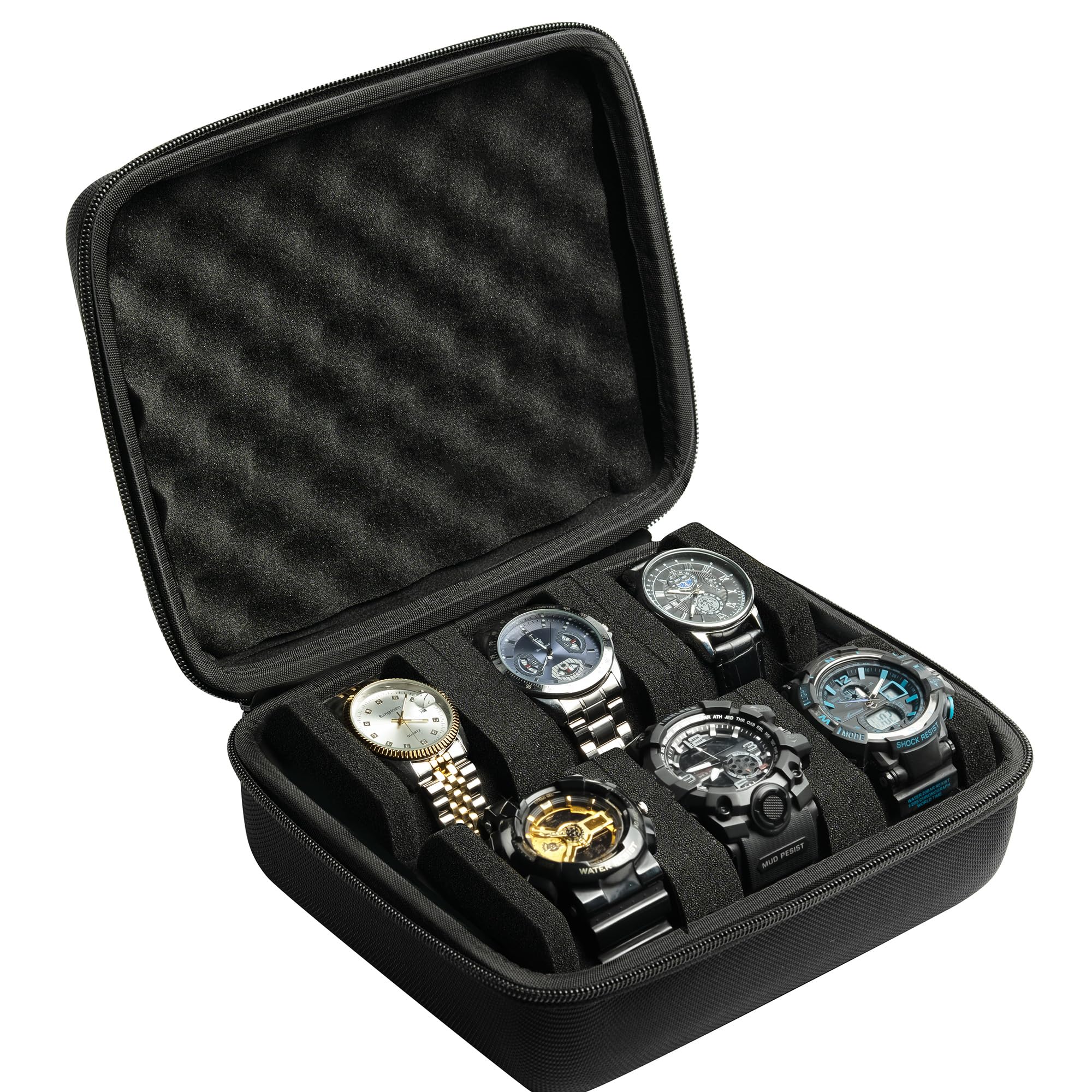 Hard 6 slots watch travel case, men's watch travel organizer, hard watch box for display and organization (Black, 6 slot with 2 compartment)