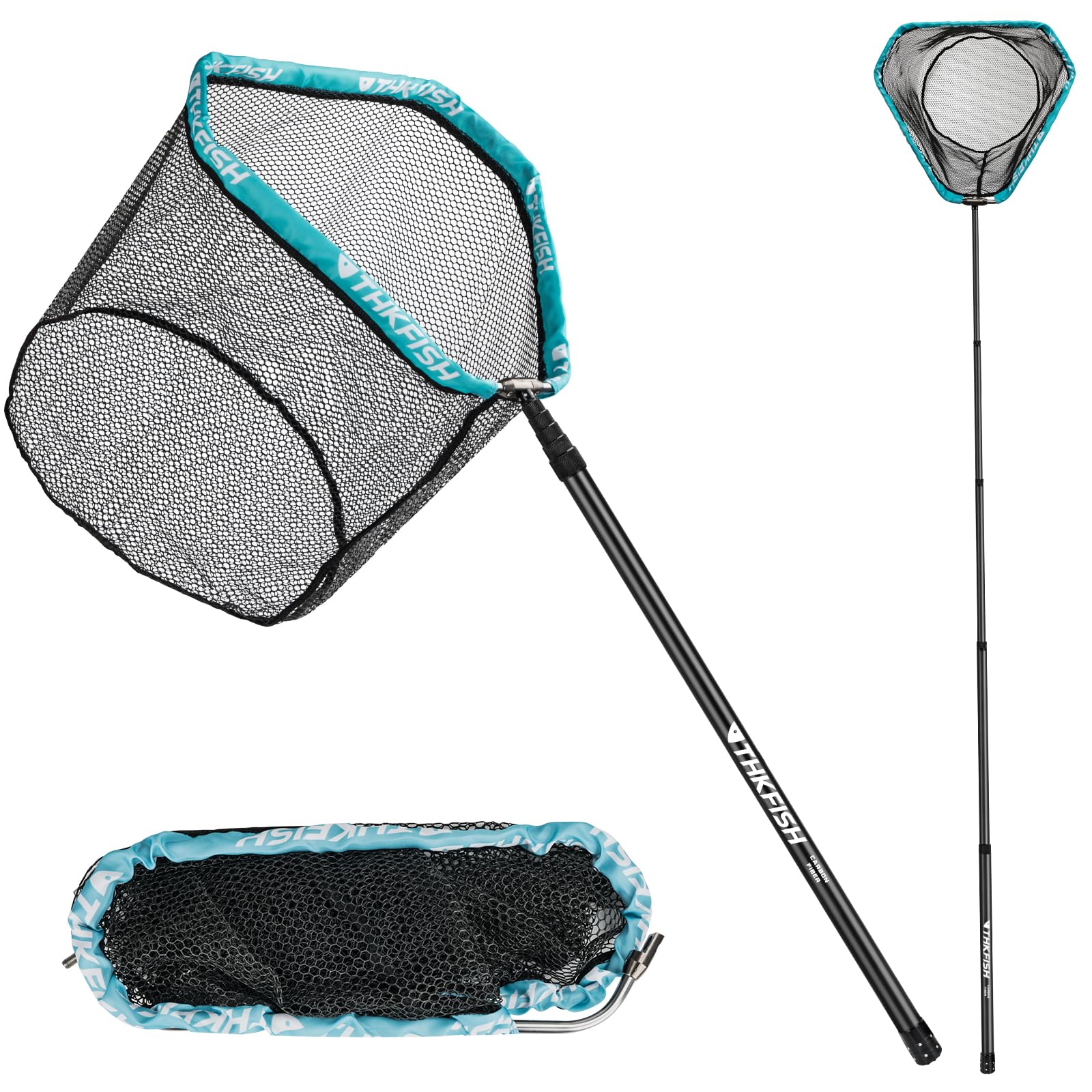 THKFISH Red de pesca de fibra de carbono con mango largo, telescópica de 210 – 400 cm, marco de aluminio, red de pesca de goma, red de pesca