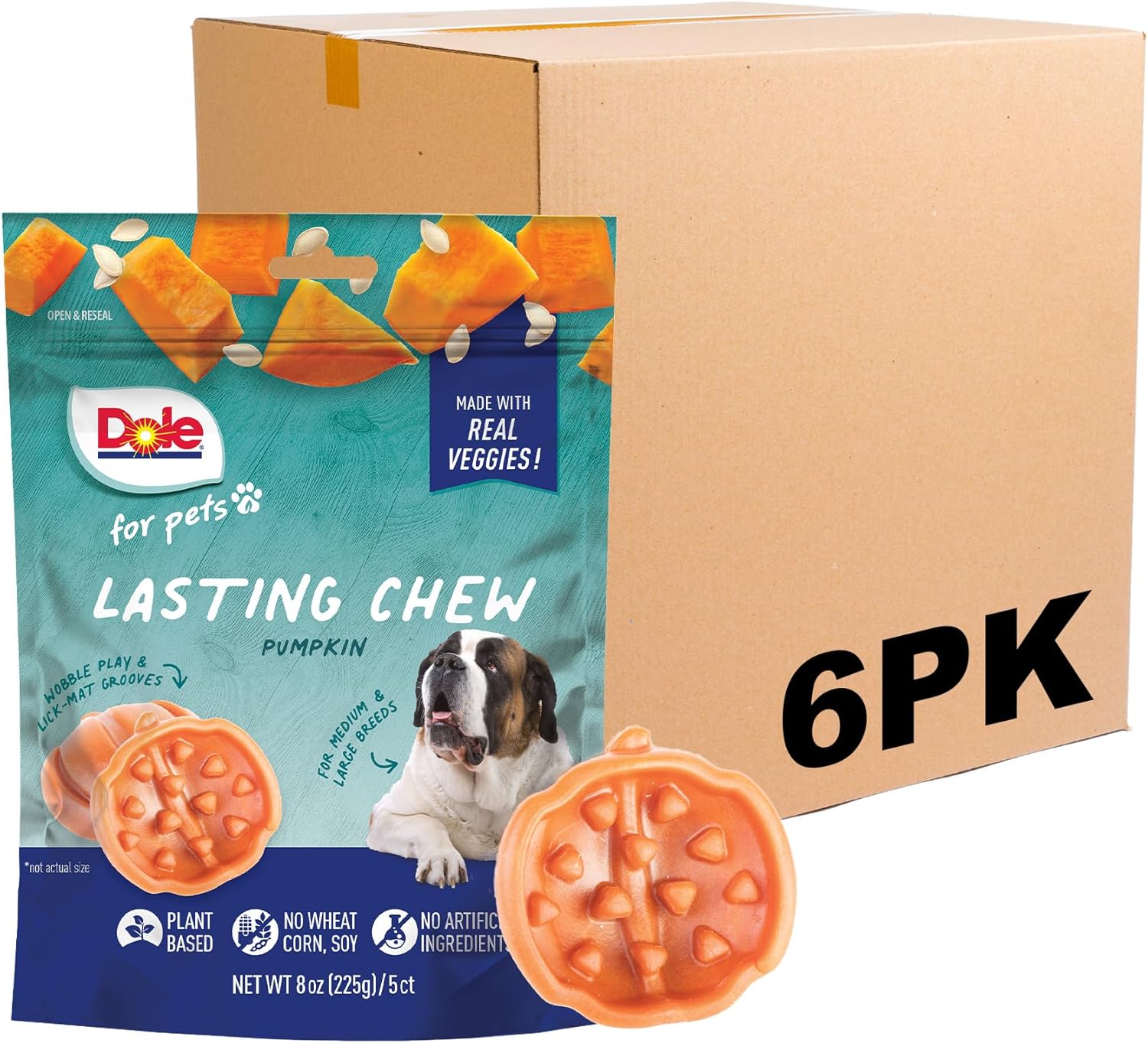 Dole for Pets Freshly Fetched Lasting Chew Pumpkin Flavor Dog Treats, Medium and Large Breeds, No Wheat, Corn, Soy, Artificial Flavors, Colors, or Animal Products, 8 Ounces, 5 Chews - 6 Pack