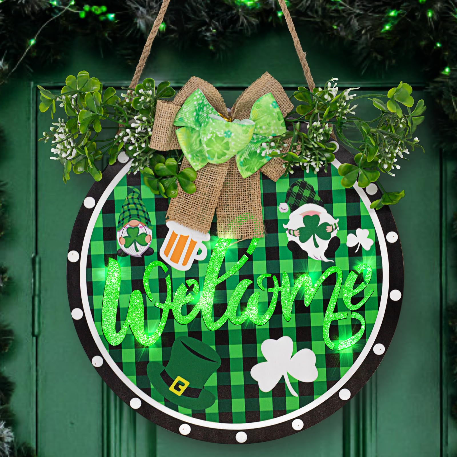 HUKLIMSt. Patrick's Day Decorations for Front Door, 12inch Lighted Irish Wreath Hanging Welcome Sign-Beautiful Artificial Bows and Shamrocks for Home, Farmhouse Decoration,Porch,Wall Decor.